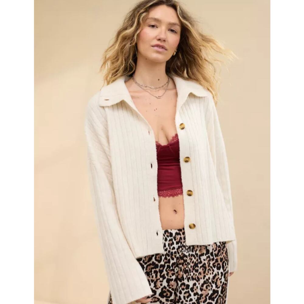 Aerie Ribbed Button-Front Cardigan Sweater XL NWT Collared Cozy Knit Cream